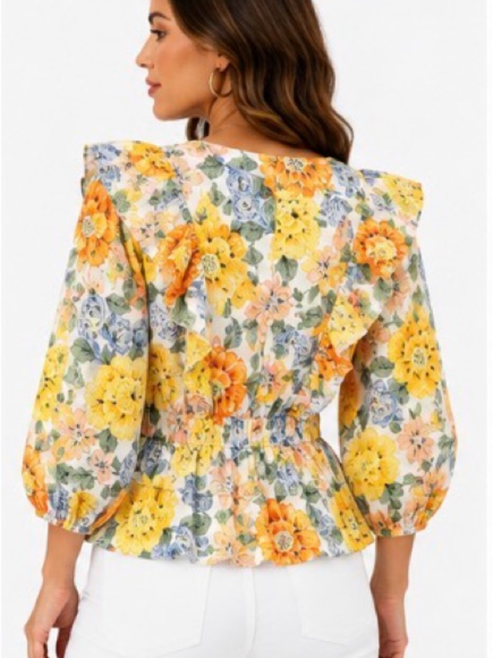 Entro NWT Floral Ruffle Peplum Cotton Blouse Yellow Orange Blue Small - Picture 2 of 6